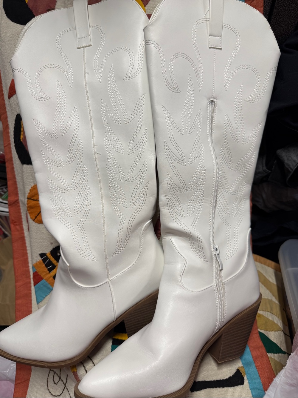 White Western Tall Knee-High Heeled Boots Women’s Sz 10